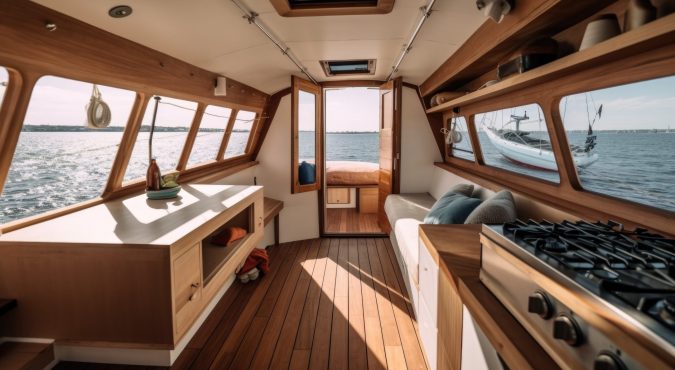 tiny home on a sailboat, with view of the open water, created with generative ai